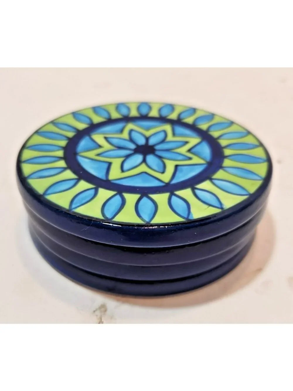 Vtg Pier One Ceramic Handpainted Talavera Style Coasters Blue And Green Set Of 4